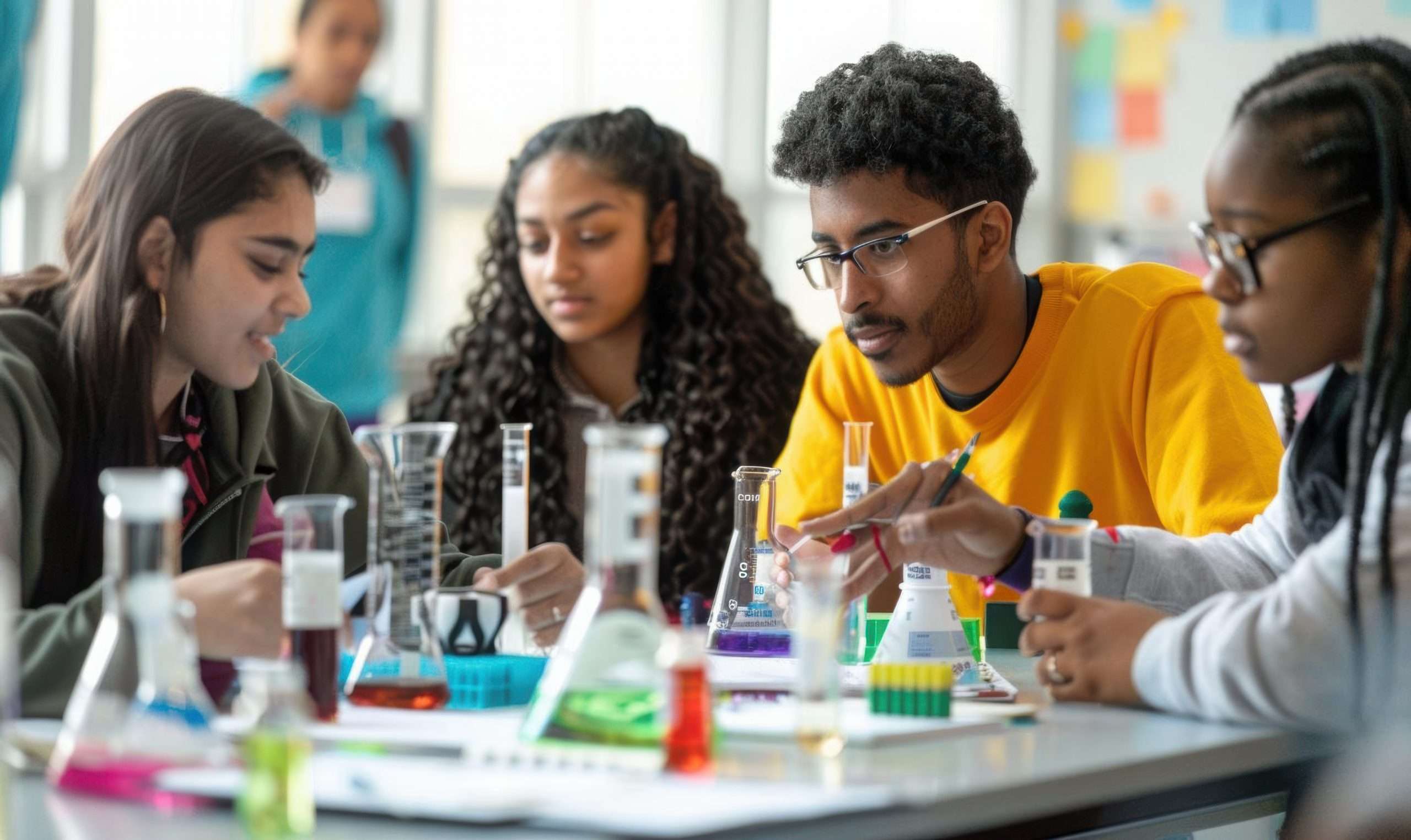 high school students working chemistry lab scaled